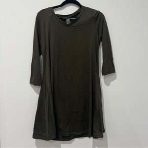 Olive Green 3/4 Sleeve V-Neck Dress